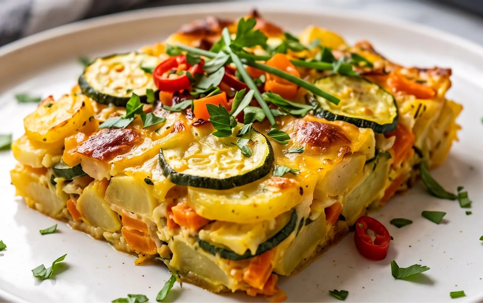 Vegetarischer Kartoffelauflauf mit Zucchini und Karotten